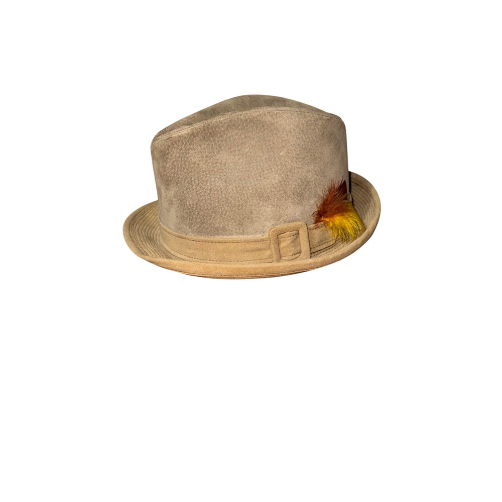 Vintage Dobbs Tan Suede Fedora Hat with Feather Accent Size 7 1/4